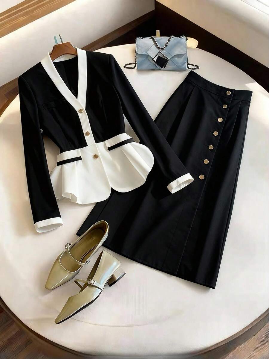 Elenzga Women's Casual Elegant Color Block Satin Ribbon Decor Long Sleeve Shirt + Pleated Mid-Length Skirt 2 Pieces Set, Fashion For Commute, Holiday, Date Fall Cloth For Women