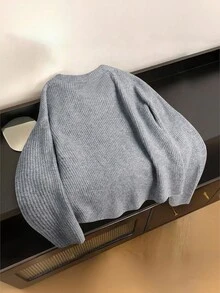 SHEIN Franclia 女士休闲时尚简约百搭宽松 V 领围巾领带针织毛衣，秋冬 - 灰色 - 查看 2