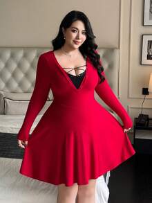 Flirla Vestido Vermelho Curvy Plus Size Feminino de Tricô de Natal com Contraste de Decote em V, Amarração, Renda Sexy, Cintura Marcada e Saia em A, Vestido Vermelho Plus Size, Vestido Curvy Plus Size - Vermelho - Visão 3
