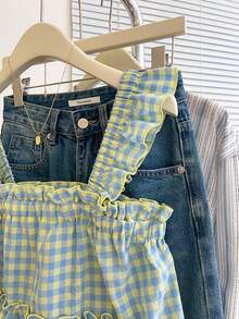 SHEIN PETITE CURVE 大码女式荷叶边格子短袖衬衫