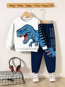 SHEIN 2 件套男童休闲宽松卡通动物、恐龙、涂鸦图案长袖运动衫和裤子运动套装，适合夏季穿着舒适 - 彩色 - 查看 2