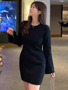 DAZY 女式秋季法式复古腰部收腰喇叭袖裙装搭配毛衣 - 黑色 - 查看 3