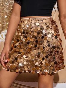 SHEIN Tween Girls Shiny Gold Sequin Mini Skirt, Suitable For Evening Parties, Ceremonies, Gatherings - Gold - View 4