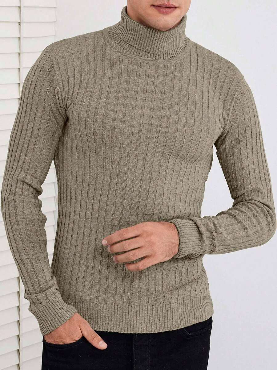 EURMUSE Men's Solid Color Turtleneck Long Sleeve Slim Fit Sweater, Autumn/Winter - Apricot - View 1