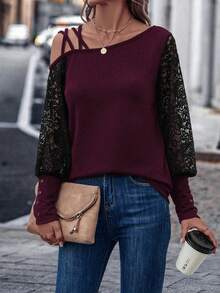EMERY ROSE Women's Asymmetric Collar Contrast Lace Long Sleeve Fashionable Blouse - Red Violet - View 3