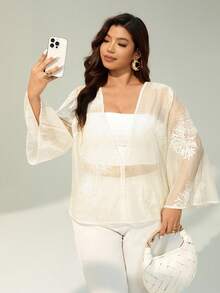 Auralis Plus Size Women Elegant Commuter Floral Embroidery Bell Sleeve Top