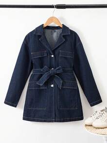 SHEIN Teen Girl Fall & Winter Solid Washed Denim Jacket /Christmas /New Years/ Holiday Party Girl Coat/Y2k Washed With Pockets/Street Style/Belt/Classy/Daily Wear/Casual