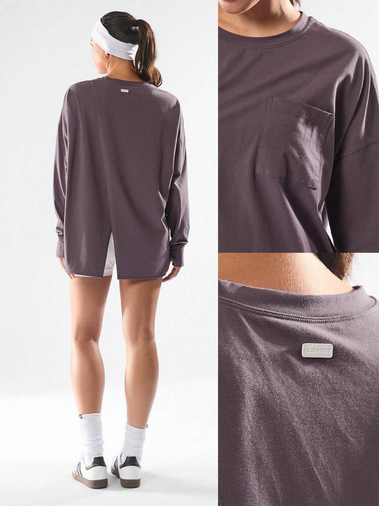 Pima Cotton Hip Length Split Back Lantern Sleeves Ribbed Cuffs Chest Pocket Top Daily Casual  Spring Summer