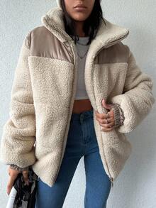 EURMUSE Contrast Panel Slant Pockets Teddy Puffer Coat - Apricot - View 3