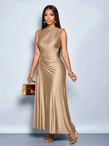 SOLERSUN Women's Elegant, Solid-Color, Fitted Dress With Metallic Embellishments Is Perfect For Winter And Spring Occasions, Including Everyday Commutes, Shopping, Parties, Gatherings, And Valentine's Day Dates. - Khaki - View 5