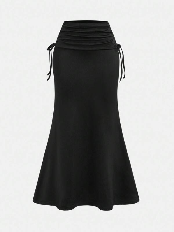 SHEIN Girlism Teen Girls High Waisted Side Drawstring Waist With Pleated Hem And Mermaid Hemline Long Black Skirt