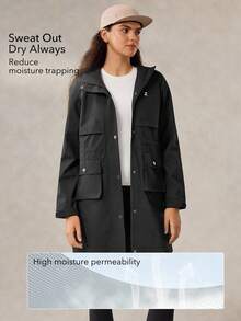OutZeal 女士防水防风拉链口袋抽绳腰长款户外夹克徒步露营日常 - 黑色 - 查看 4