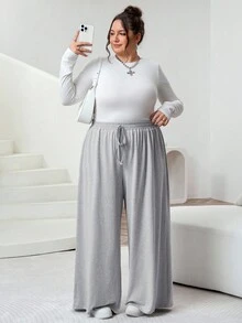 SHEIN CURVE+ Plus Size Women Black Gray Two Pieces Suit Plus Size Wide Leg Pants Pants