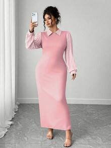 Elenzga Vestido elegante, casual y romántico para mujer de talla grande con cuello de pata de gallo, parches y cintura fruncida - Rosa - Ver 6
