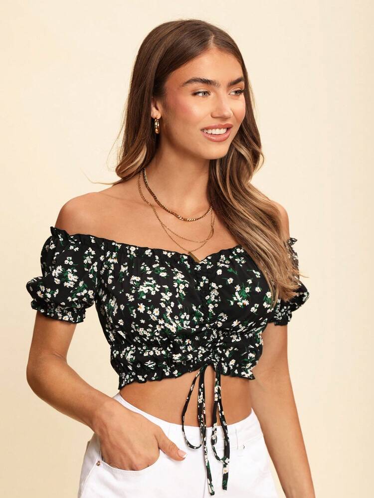 Sping Ditsy Floral Print Off Shoulder Drawstring Front Frill Trim Corset Crop Top