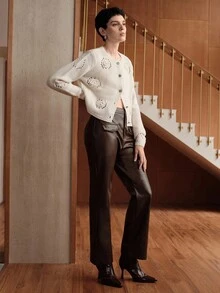 Uhlyne French Retro Fashion Romantic Minimalist Elegant Commute Generous Casual Daily Versatile 3D Handmade Crochet Hollow Round Neck Long Sleeve Women's Clothing, Suitable For Autumn/Winter, Fitted Cardigan In Beige - Beige - View 7