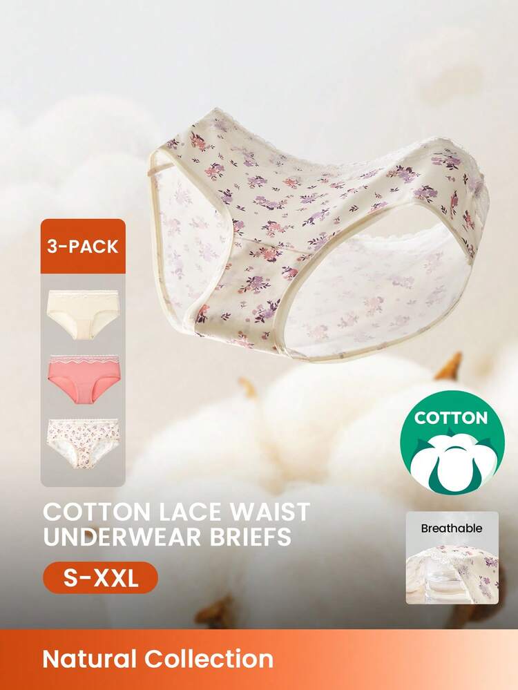 3-Pack Soft Cotton Basic Floral Print Lace Trim Mid-Waist Underwear Briefs