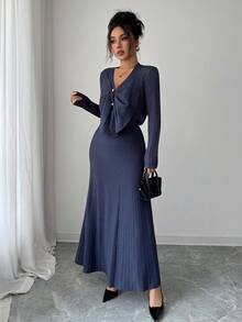 Elenzga Conjunto de punto elegante azul marino, hilo metálico brillante de alta gama, diseño de nicho de cárdigan y falda evasé, opción cómoda para fiestas vintage, viajes al trabajo y salidas en otoño/invierno - Azul - Ver 3