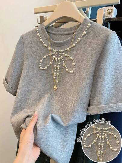 SHEIN Retro-Inspired Korean-Style Elegant Round-Neck Women's T-Shirt With Hand-Beaded Detailing, Perfect For Dates, Parties, And Work Commutes.