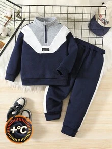 SHEIN 2pcs Kids Boy Casual Everyday Comfortable Contrast Color Block Stand Collar Zip-Up Loose Pullover Hoodie And Relaxed Solid Color Sweatpants Tracksuit Set, Suitable For School, Garden, Beach, Birthday, Spring, Summer, Fall, Winter