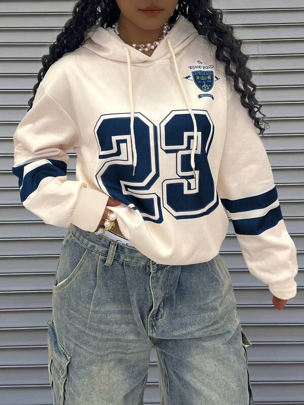 Rovax Women's Casual College Sports Style Numeric Badge Print Drawstring Hoodie