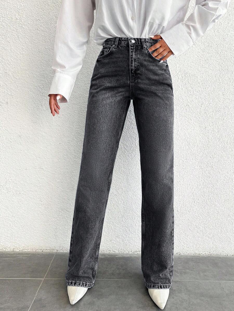 SHEIN Tall 100%Cotton Straight Zipper Fly Denim TALL Jeans - Dark Grey - View 1