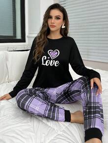 Heart Plaid Print Long Sleeve Top & Long Pants Pajama Set, Fall Winter Clothes Cozy And Elegant Details - Multicolor - View 3