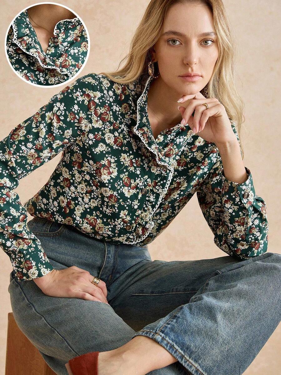 Écloséra Áo cánh nữ cổ bèo nhún họa tiết hoa nhỏ thanh lịch, giản dị, thu/đông - Màu xanh lá cây đậm - Xem 1