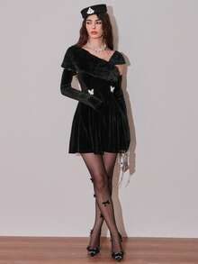Modelyn Women's Elegant Summer Party Black And Silver Velvet Mini Dress,Faux Fur Asymmetric Collar Rhinestone Butterfly Decor Short Vampire Romwe Dress - Black - View 3