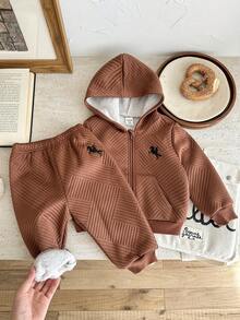 LMoss Kids LMoss 2pcs Baby Boy Knitted Solid Color Embroidered Hoodie Jacket And Pants Set, Long Sleeve, Cozy Fall & Winter Styles, Clothes, Baby Boy Clothes, Winter Set - Brown - View 8