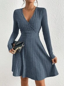 SHEIN Essnce 女式纯色交叉V领罗纹长袖连衣裙 - 藍色 - 查看 5