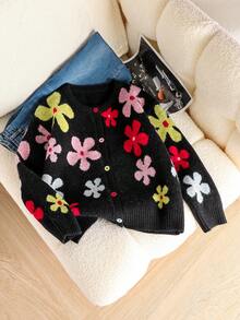 Mädchen bunte Blumen Jacquard Strickjacke, modisch süßer Rundhalspullover in locker Passform, bequem und vielseitig für Herbst/Winter - Verschiedenfarbig - Übersicht 2