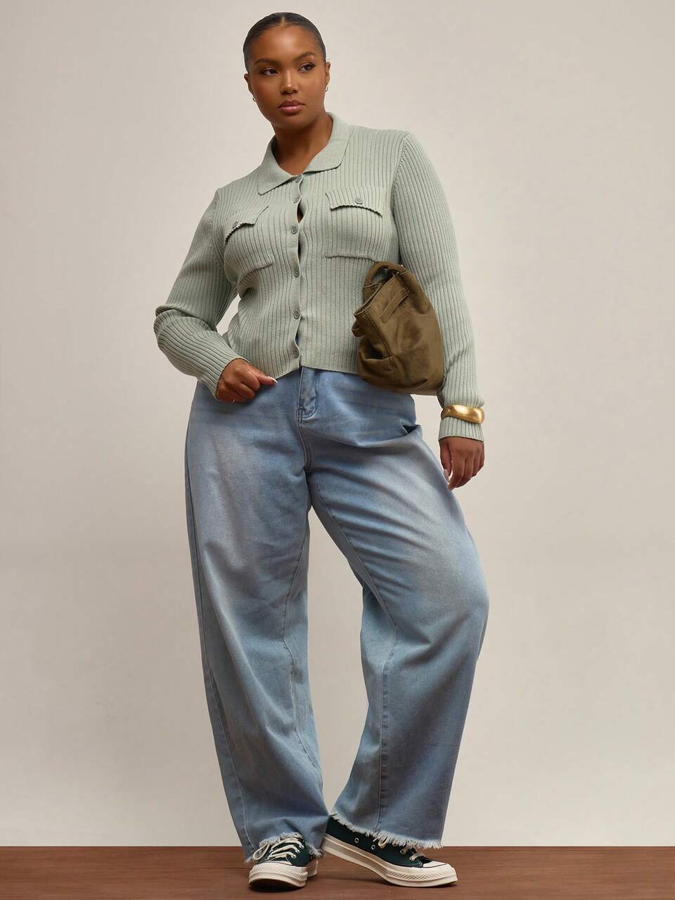 Curve Knitted Ribbed Pocket Detail Long Sleeve Collar Fitted Top , Winter, Everyday, Cute, Casual, Cosy