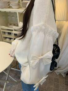 DAZY Women's Casual Solid Color Patchwork Bow Design Pullover Knit Sweater, Suitable For Autumn & Winter