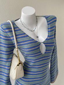 Flirla Colorblock Striped Elegant Party Women Sweater Dresses - Multicolor - View 5