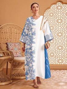 Al Najma Asymmetrical Random Print Patchwork Long Cardigan Kaftan Jalabiya Dress - Blue - View 1