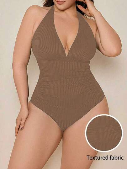 Swim Lushoire 大码3D纹理面料挂脖连体泳衣