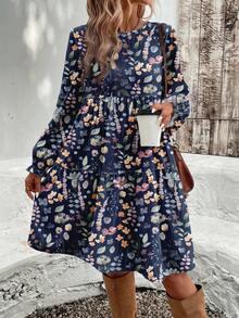 EMERY ROSE 休闲浪漫优雅花卉印花大码女装秋冬圆领中长连衣裙，长袖女士连衣裙，蓝色连衣裙 - 彩色 - 查看 3
