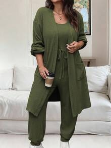 Vionelle Bộ đồ liền thân 2 món không tay, màu trơn, tay dài trễ vai, size lớn dành cho nữ, mùa thu - xanh quân đội - Xem 4