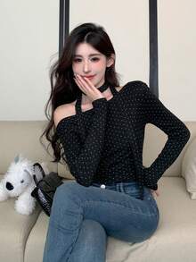 DAZY 韩版波点优雅无袖蝴蝶结长袖女式衬衫 - 黑色 - 查看 4