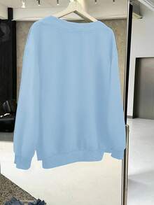 SHEIN EZwear 女士休闲花卉印花超大V领宽松运动衫，浅蓝色和深灰色，适合秋冬季 - 淺藍色 - 查看 3