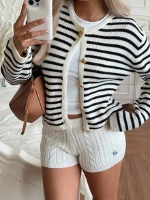 CovetEZ Cardigan listrado casual feminino para uso diário, outono/inverno