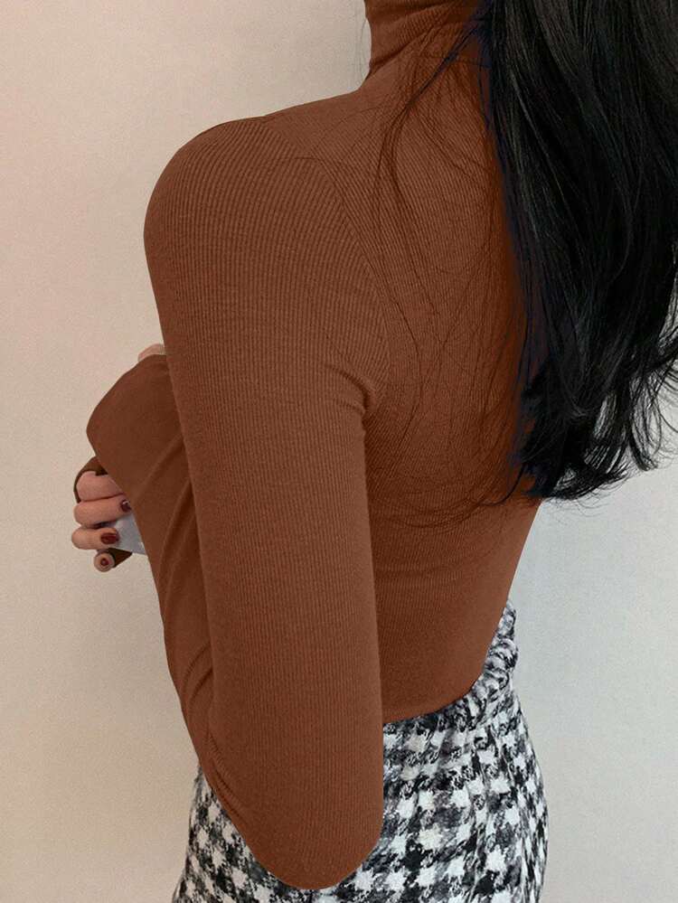 Women's Solid Color Long Sleeve Casual Turtleneck Slim Fit Base Layer T-Shirt