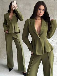 Firerie Women's Elegant Commuter Casual Daily Urban Chic Teacher Outfit, New Stylish Blazer Jacket With Waist Cinching And High-Waisted Pants, 2 Pieces Set In Military Green, Autumn/Winter