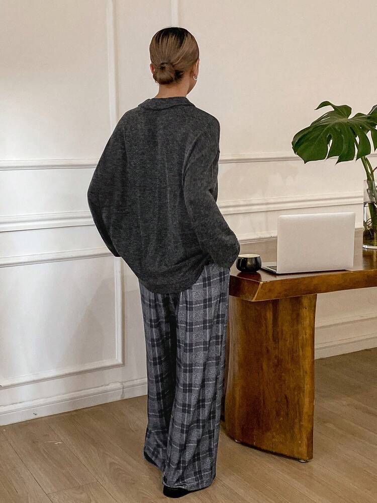 Women's Plaid Brushed Loose Pajama Set, Casual Sleepwear Cozy Outfit For Winter Fall Clothes