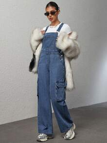 SHEIN PETITE Casual Washed Straight Leg Denim Bib Overalls - Light Wash - View 4