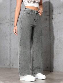 SHEIN PETITE 女式高腰口袋阔腿宽松休闲牛仔裤 - 灰色 - 查看 5