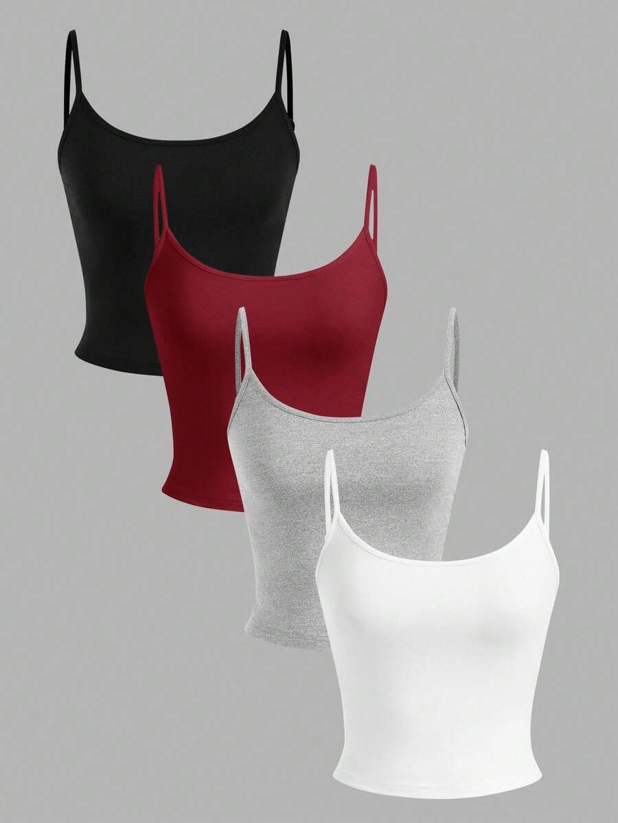 SHEIN EZwear 4 件套女士紧身短款休闲背心，颜色有黑色、酒红色、灰色和白色