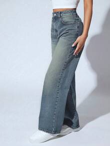 SHEIN PETITE Casual Washed High Waist Straight Leg Jeans - Medium Wash - View 4