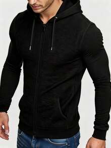 Manfinity Homme 男士休闲纯色连帽衫，秋季休闲健身拉链黑色连帽衫，长袖上衣 - 黑色 - 查看 1